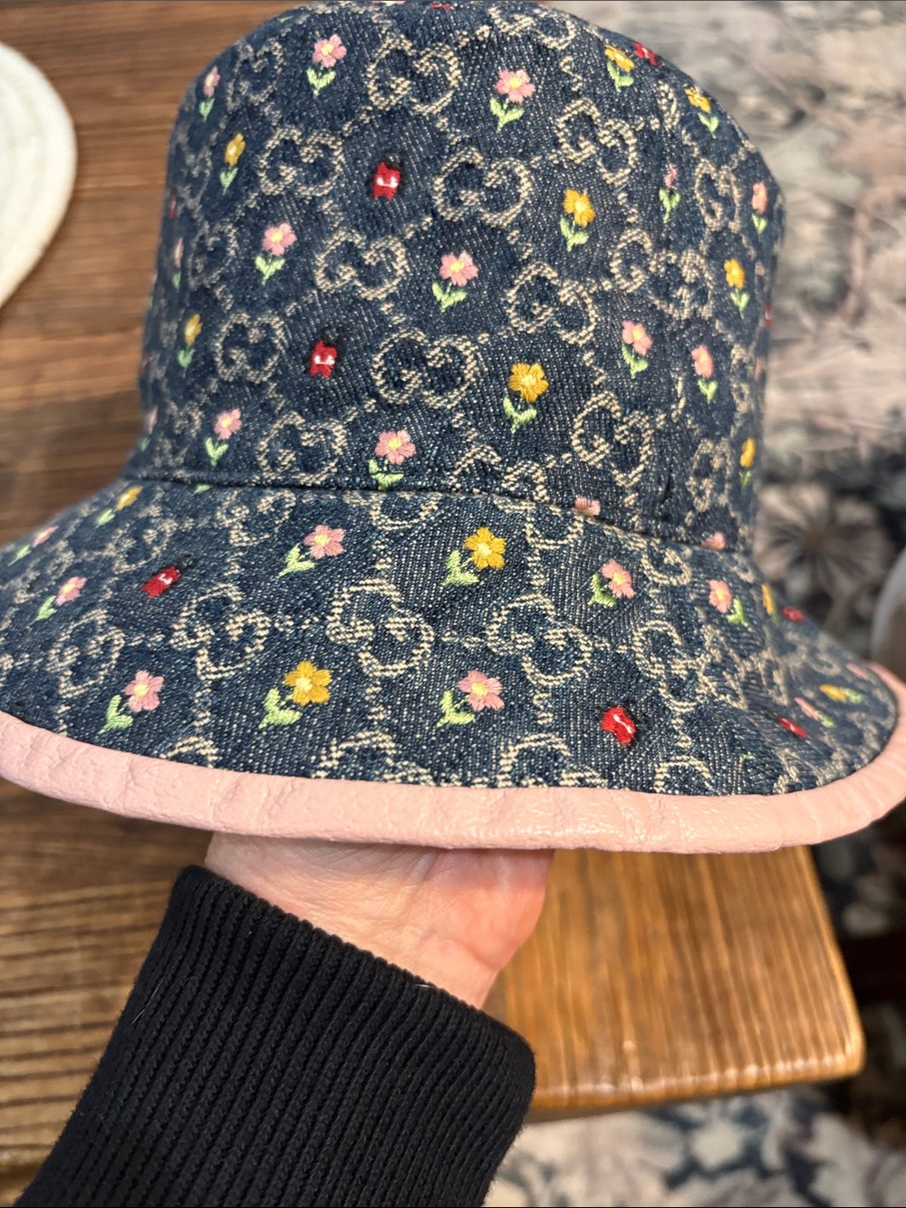 Gucci Women’s Denim Bucket Hat with Multicolor Floral Embroidery and Pink Trim - Picture 7 of 10